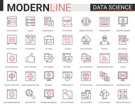 Data science thin red black line icon vector illustration set with outline Stock Illustration