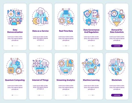 Data science trends and technology onboarding mobile app screens set 스톡 일러스트