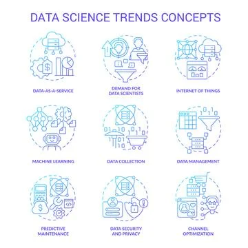 Data science trends blue gradient concept icons set Illustrazione stock