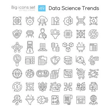Data science trends linear icons set Stock Illustration