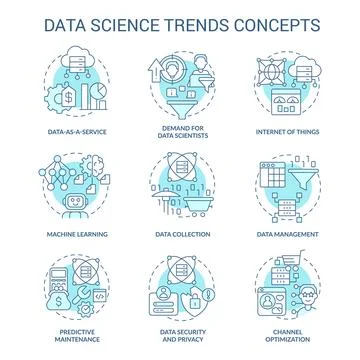 Data science trends turquoise concept icons set 库存插图