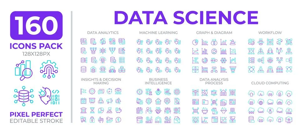 Data science two color line icons set collection Stock Illustration