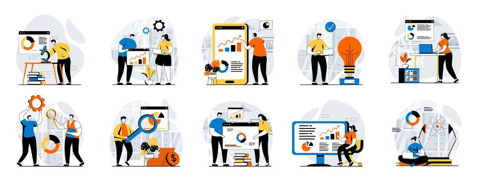 Data science web concept with people scenes mega set in flat design. Bundle o Illustrazione stock