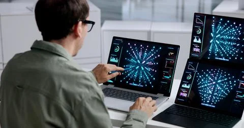 Data Scientist Analyzes AI Models Using Dual Touchscreen Laptops For Developm Фото