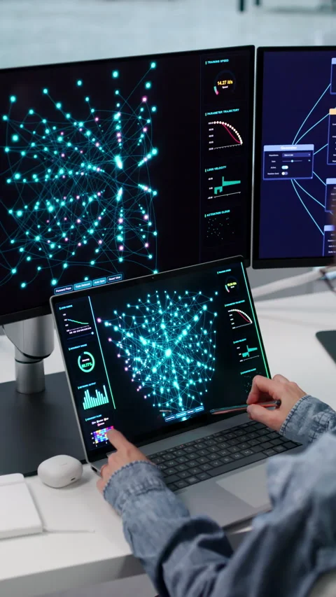 Data Scientist Analyzes Machine Learning Model Using Laptop Stock Footage 347306767