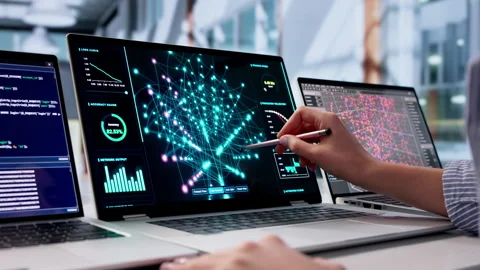Data Scientist Analyzing Neural Network Models On Laptop Stock Footage 332909128