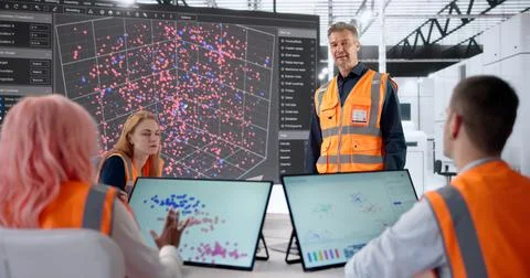 Data Scientist Guides Diverse Team Analyzing Mining Automation With AI System 库存照片