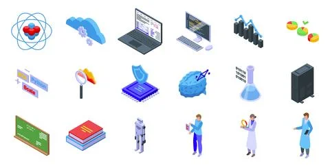 Data Scientist icons set isometric vector. Research work Stock Illustration