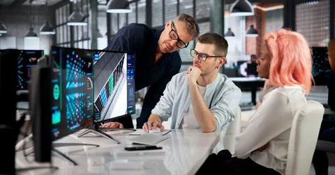 Data Scientist Leads Diverse Team Monitoring AI Cluster Using Immersive 3D To Stock Photos