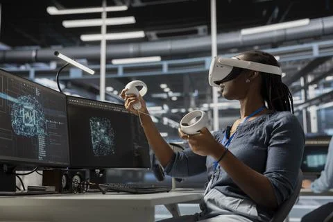 Data scientist in server hub using VR headset run artificial intelligence tasks Stock Photos