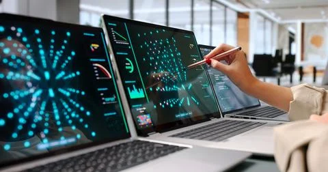 Data Scientist Studies Neural Network Models On Laptop For Business Insights. Stock-Fotos