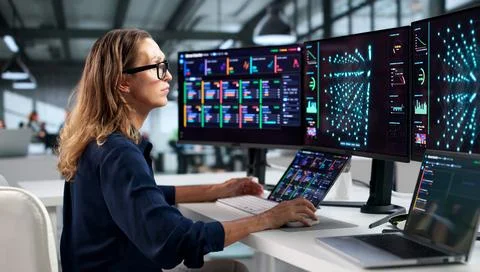 Data Scientist Studies Predictive AI Models Using Laptop And Tablet Devices. Stock Photos