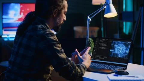 Data scientist updating artificial intelligence neural networks, writing code Stock Photos