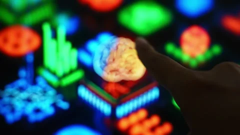 A data scientist uses a fingertip to interact with an AI brain. Stockbeeldmateriaal 341663347