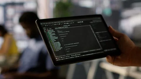 Data scientist uses tablet to check on machine learning models, close up 写真素材