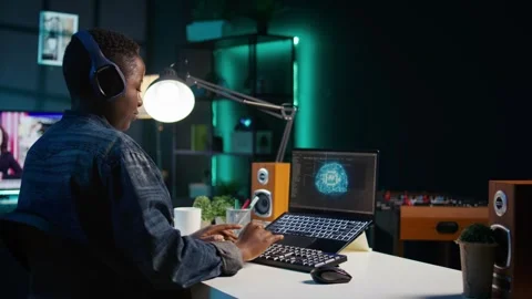 Data scientist using laptop, updating artificial intelligence machine learning Stock Footage 319555740