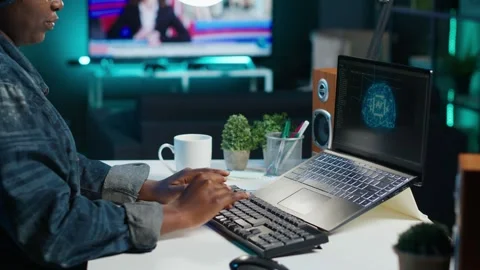 Data scientist using laptop, updating artificial intelligence machine learning Stock Footage 319574034