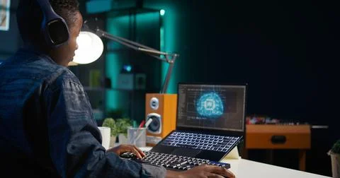 Data scientist using laptop, updating artificial intelligence machine learning Stock Photos