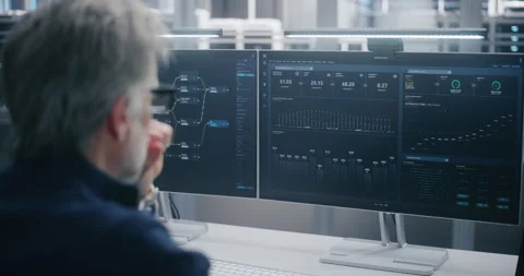 Data Scientist Wearing Glasses, Analyzing Cloud System Performance Graphs and Stock Footage 325428668