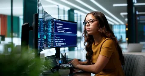 Data Scientist Woman Analyzing Neural Network Models On Dual Touchscreen Moni Stock Photos