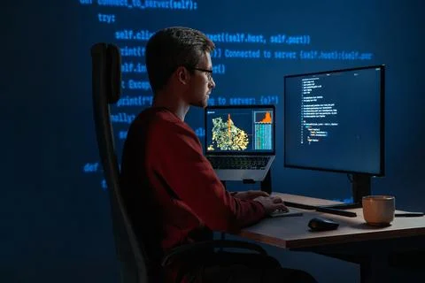 Data scientist writing code for artificial intelligence project Stock Photos