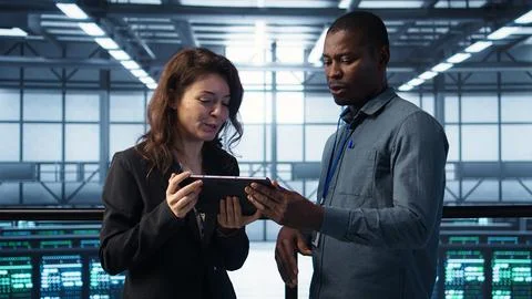 Data scientists in data center using tablet to develop disaster recovery plans 스톡 사진