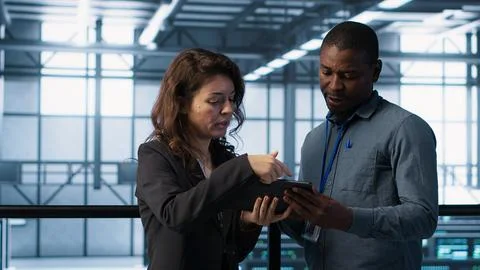 Data scientists in data center using tablet to develop disaster recovery plans 스톡 사진