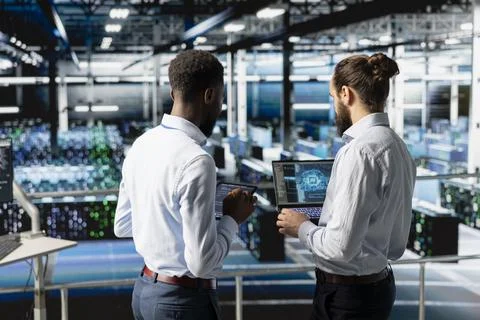 Data scientists team on industrial platform analyzing performance outputs Stock Photos