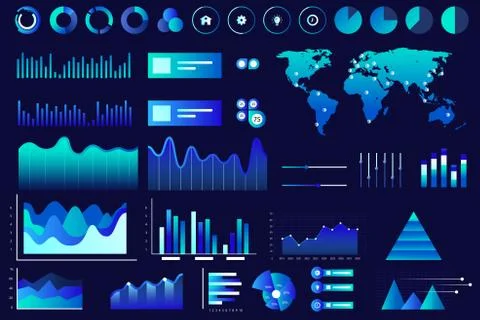 Data screen of assorted vector graphs, charts, diagrams. Blue neon color Illustrazione stock