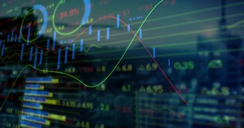 Data screen floating over city skyline in office, with market charts numeric Stock Photos