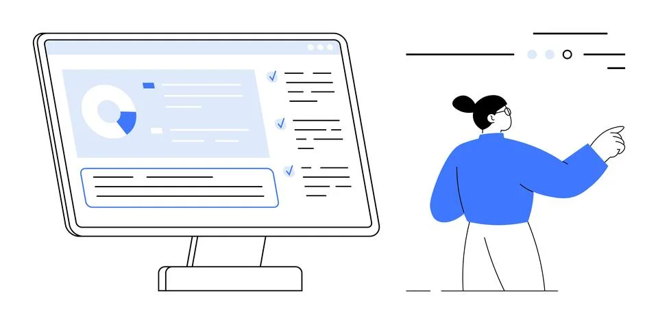 Data screen with pie chart and checklists person gesturing towards the screen Stock Illustration