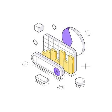 Data Search And Business Intelligence Analysis With Charts Isometric Vector.. Illustrazione stock