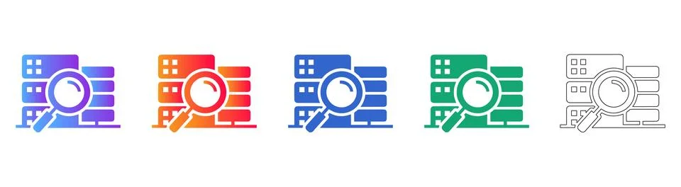 Data Search and Server Infrastructure Analysis Icon Set Stock Illustration