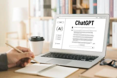 Data search concept using artificial intelligence chatbot ChatGPT, young bu.. Stock Photos