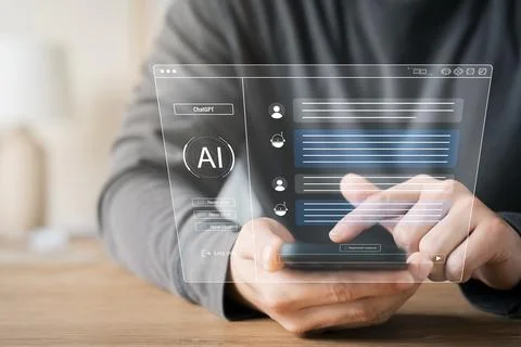 Data search concept using artificial intelligence chatbot ChatGPT, young bu.. Foto stock