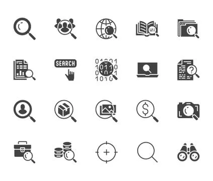 Data search flat glyph icons set. Magnify glass, find people, image zoom Stock Illustration