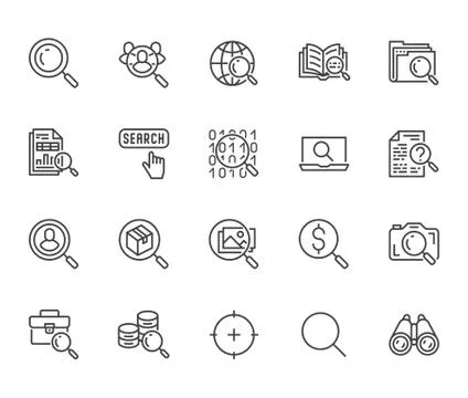 Data search flat line icons set. Magnify glass, find people, image zoom Stock Illustration