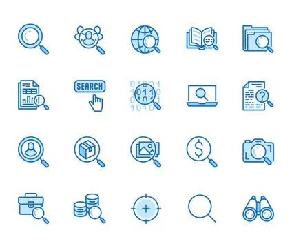 Data search flat line icons set. Magnify glass, find people, image zoom Stock Illustration