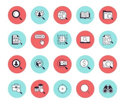 Data search flat line icons set. Magnify glass, find people, image zoom Stock Illustration