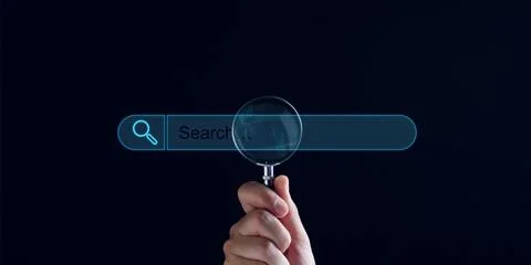 Data Search Technology Engine Optimization. Businessman hand touch searching  Stock Photos