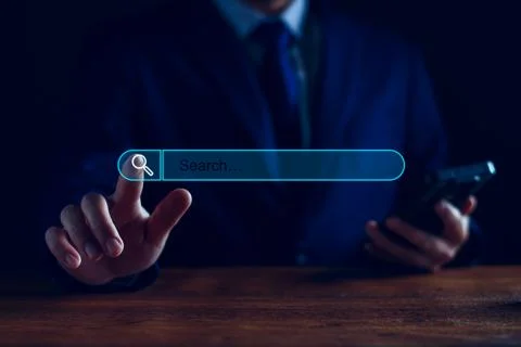 Data Search Technology Engine Optimization. Businessman hand touch searching  Stock Photos