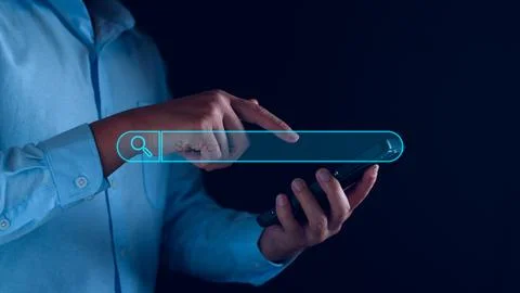 Data Search Technology Engine Optimization. Businessman hand touch searchin.. Stock Photos