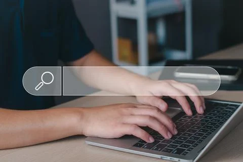 Data Search Technology Engine Optimization. Businessman hand touch searching  Stock Photos