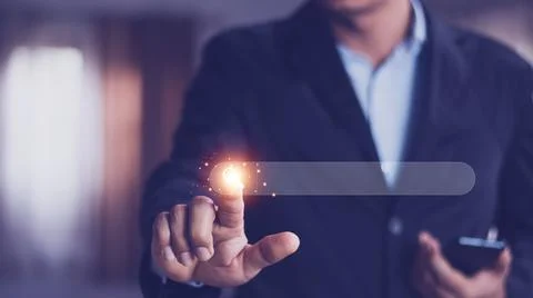 Data Search Technology Search Engine Optimization. man's hands are using a co Stock Photos