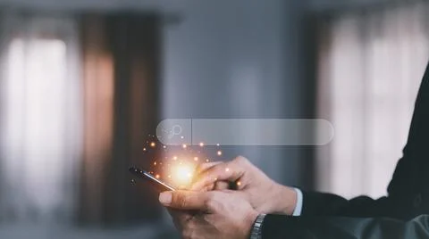 Data Search Technology Search Engine Optimization. man's hands are using a co Stock Photos