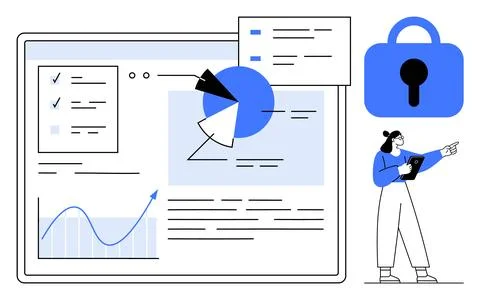 Data Security Analysis with Charts and Lock Symbol Illustrazione stock