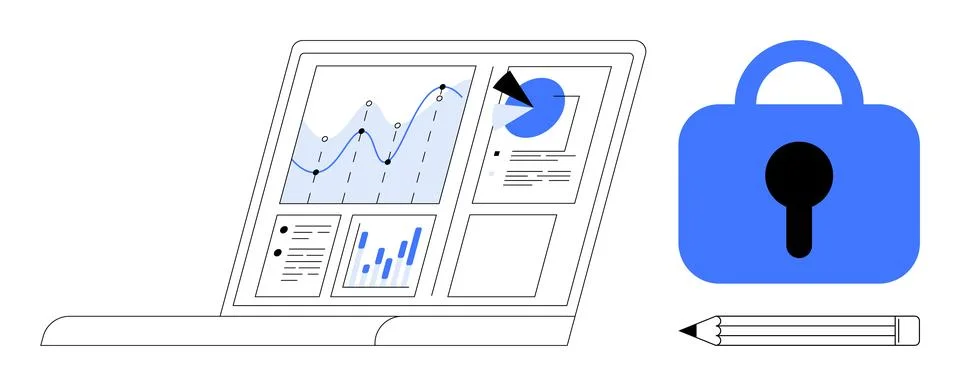 Data Security and Analytics Concept with Laptop, Graphs, and Lock Icon Stock Illustration