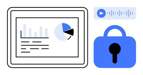 Data Security and Analytics Visualization with Lock and Audio Playback Illustrazione stock