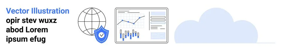 Data Security and Cloud Computing Concept with Graphs and Globe Illustrazione stock