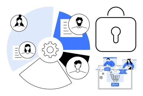 Data Security and E-commerce Teamwork, Online Shopping, and Privacy Protectio Illustrazione stock